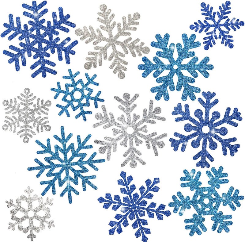 Whaline Snowflake Cut-Outs 48Pcs Glitter Blue Silver Snowflake Cutouts Double-Sided Holiday Cut-Outs with Glue Point for Winter Christmas Wonderland Frozen Party Home Decoration, Assorted Size - Image 1